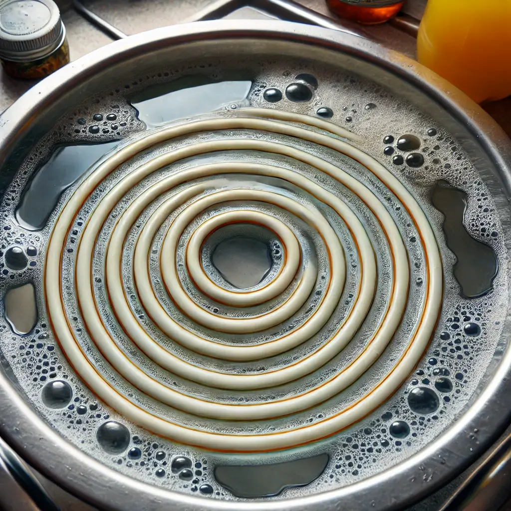 Guarnizione del frigorifero immersa in una bacinella di acqua calda per ammorbidirla.