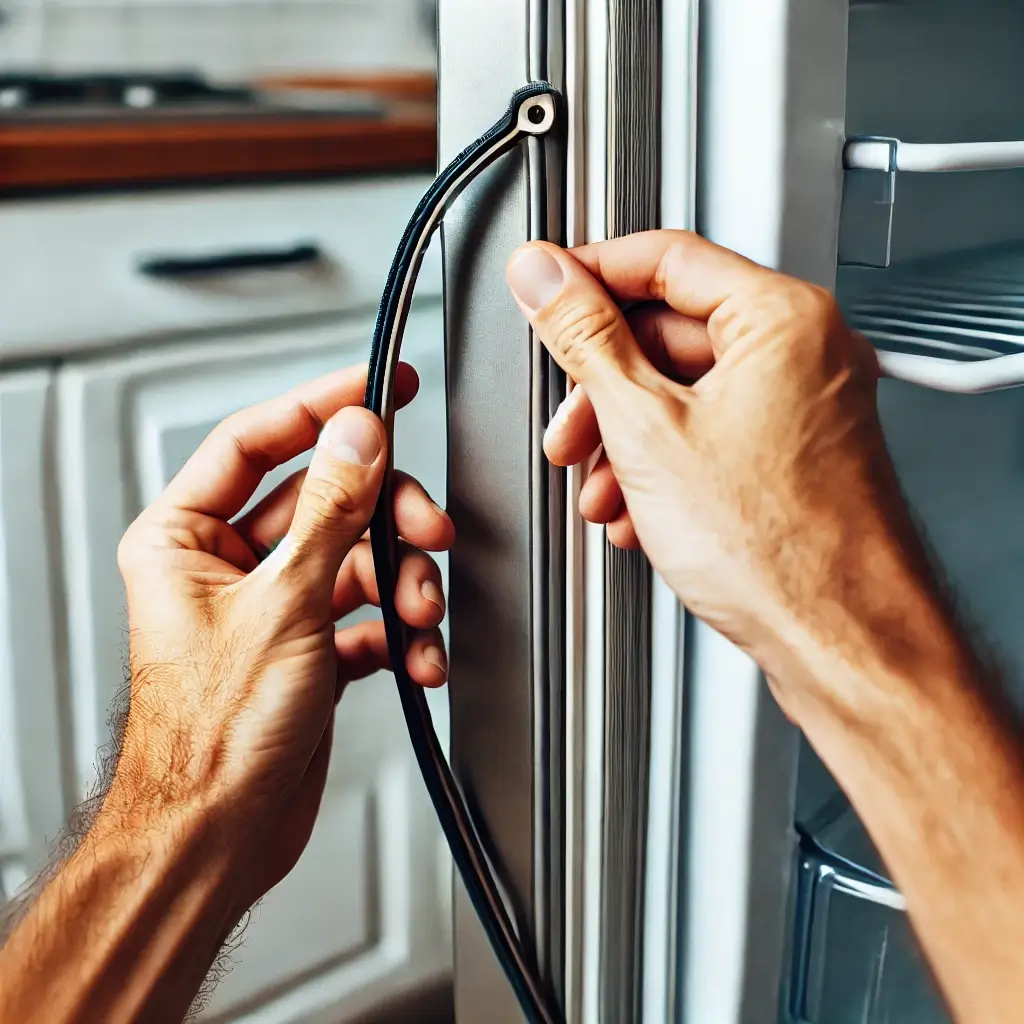 Rimozione della vecchia guarnizione dalla porta del frigorifero.